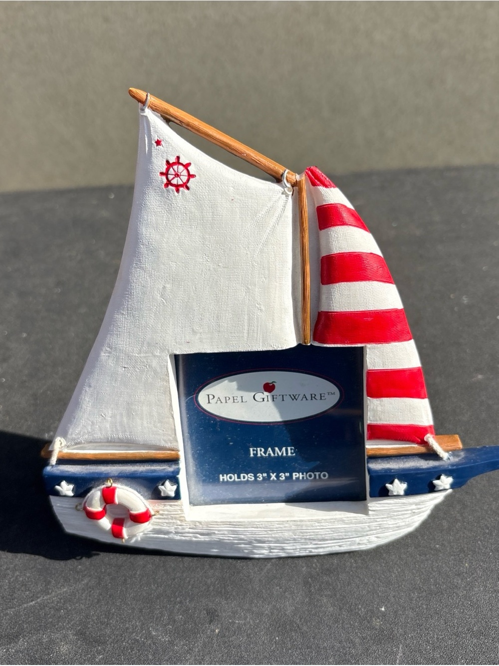 Vtg Papel Giftware Sailboat Picture Frame American Flag Design Holds 3x3 READ